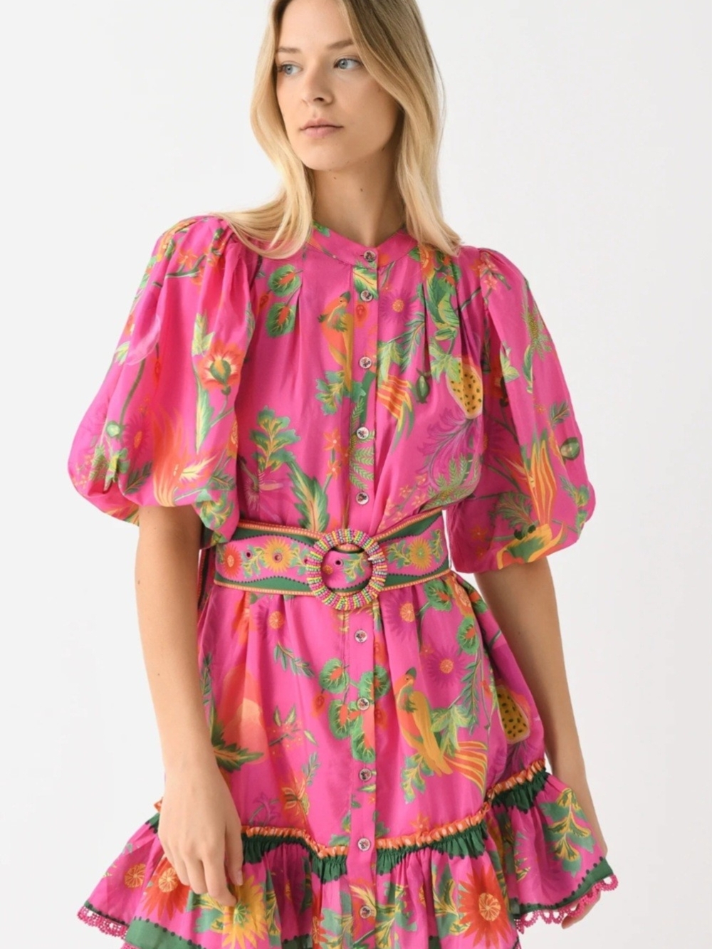FARM Rio Pink Delicate Fruit Garden Ruffle Mini Dress with Beaded Belt